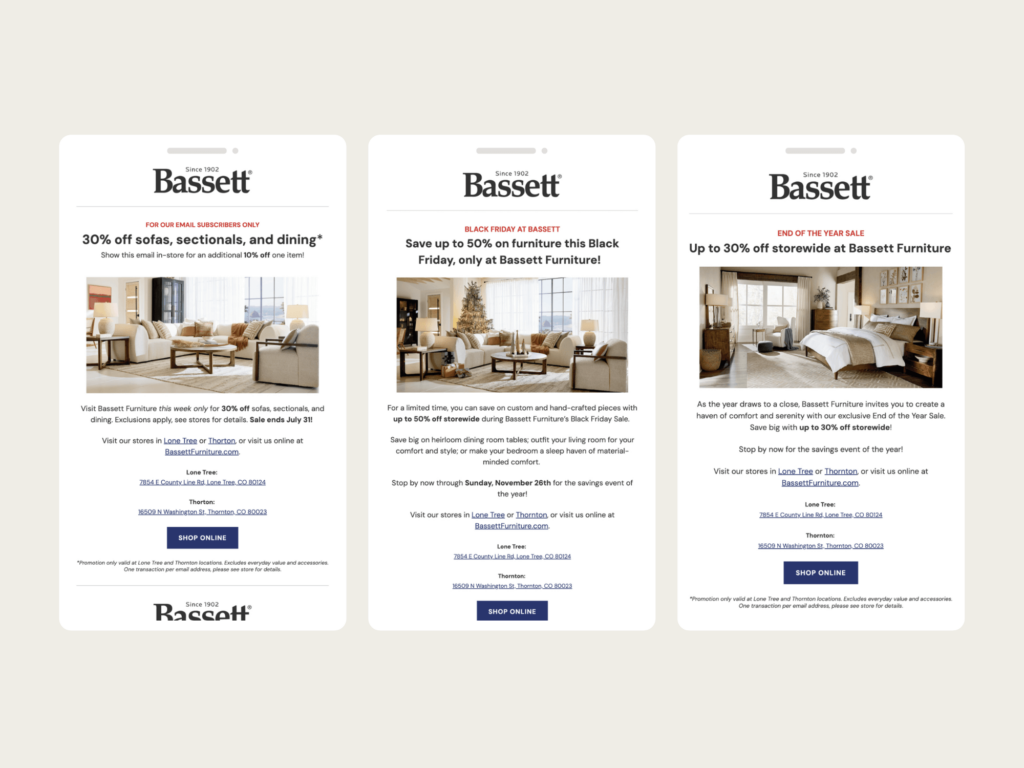 Email marketing campaigns for Bassett Furniture designed by Alexa B. Taylor