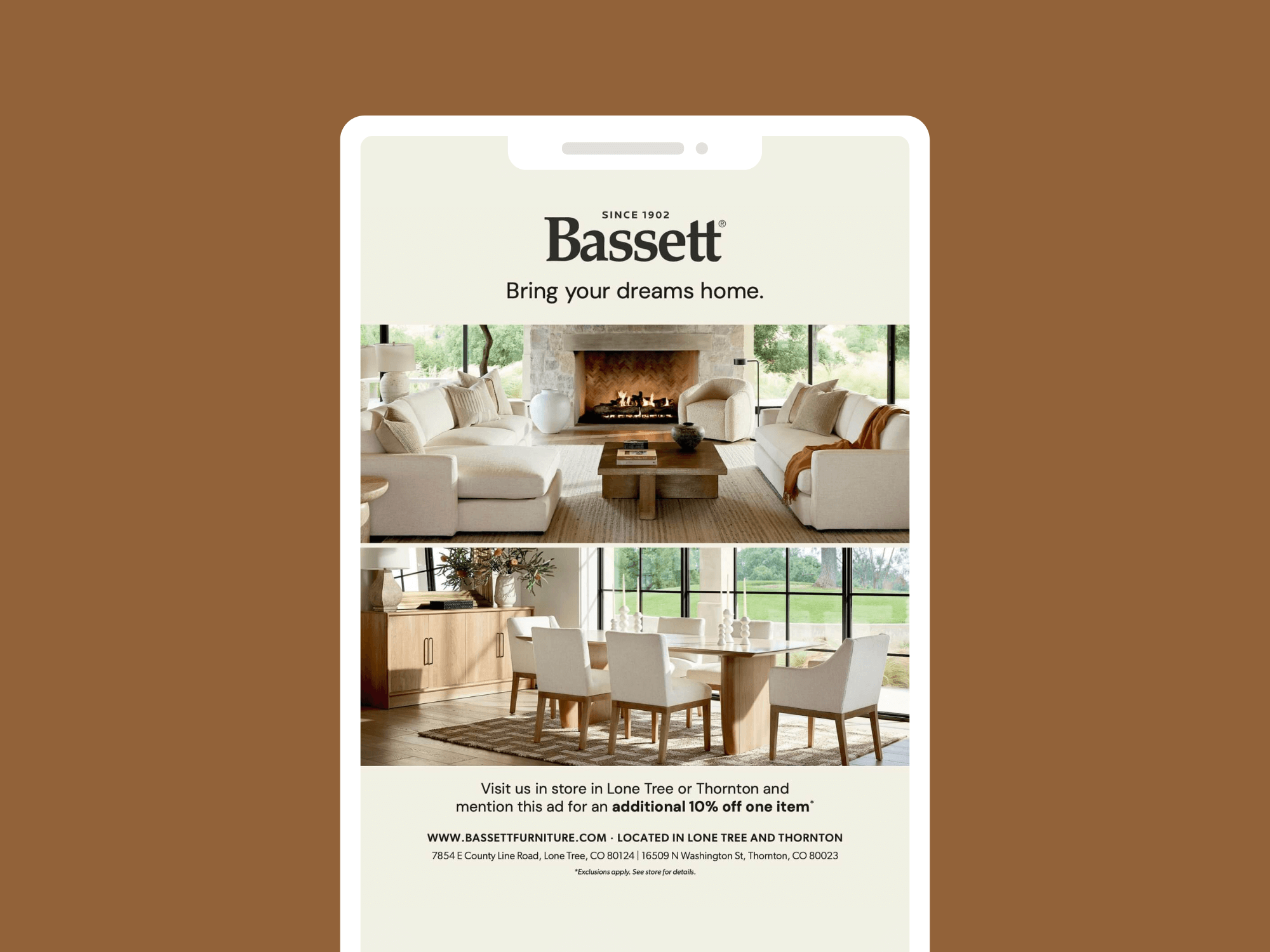 Bassett Furniture Colorado magazine ad designed by Alexa B. Taylor